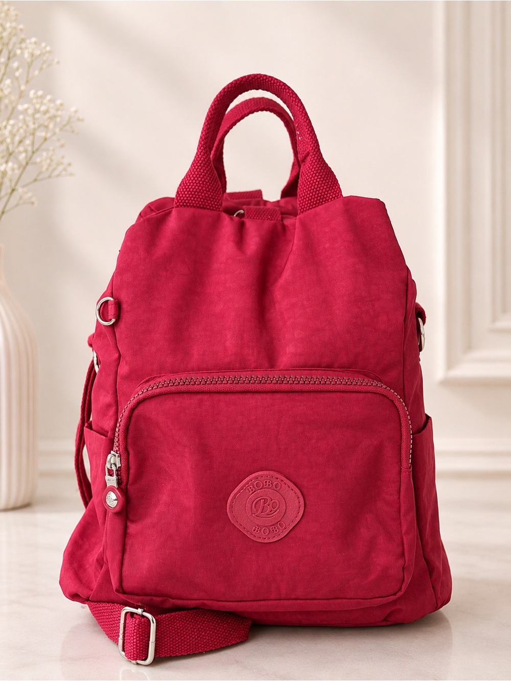 BOBO Burgundy Nylon Backpack Purse Convertible Travel Bag Adjustable Straps
